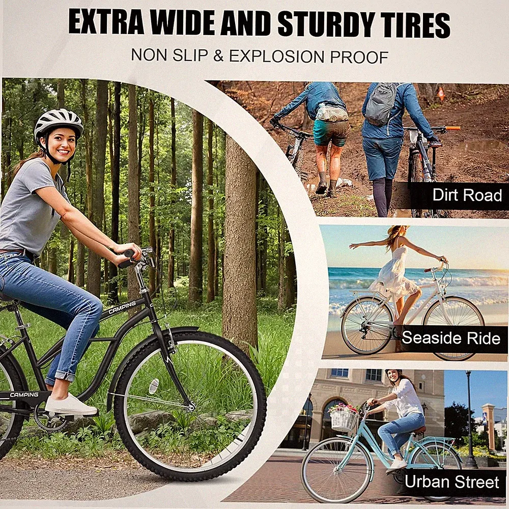 26 Inch Beach Cruiser Bike,7 Speed Commuter Bicycle with Ergonomic Upright Frame
