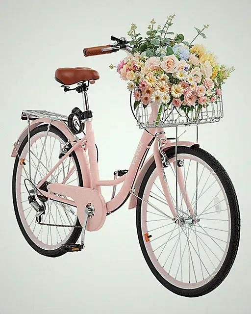 VEVOR 26-Inch Cruiser Bike 7-Speed Pink Beach Cruiser Bike with Basket
